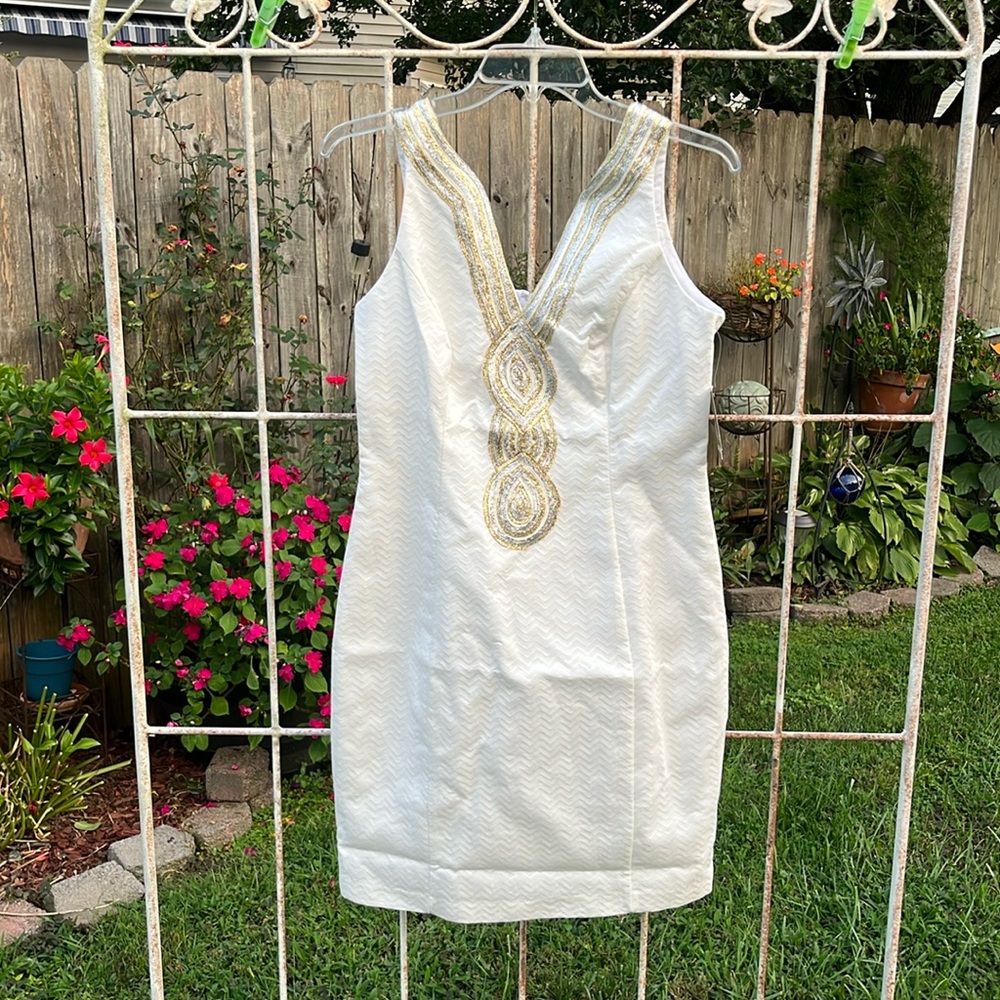 Just Taylor NWT white dress with gold and silver rope detail around neck